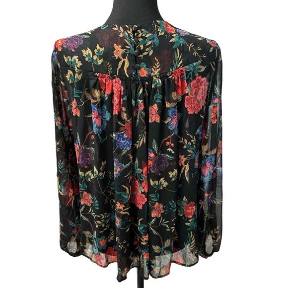 MAEVE by Anthropologie Long-Sleeve Pleated Floral Peasant Blouse in Black-Small - Picture 10 of 13